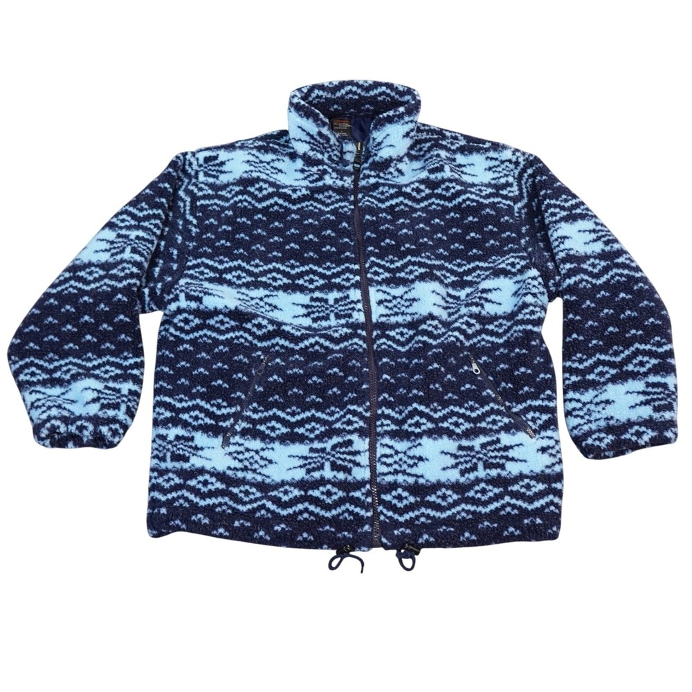 VTG OLLAA Fleece Jacket Men Large Blue Fair Isle Birds Eye Mock Neck HEAVYWEIGHT